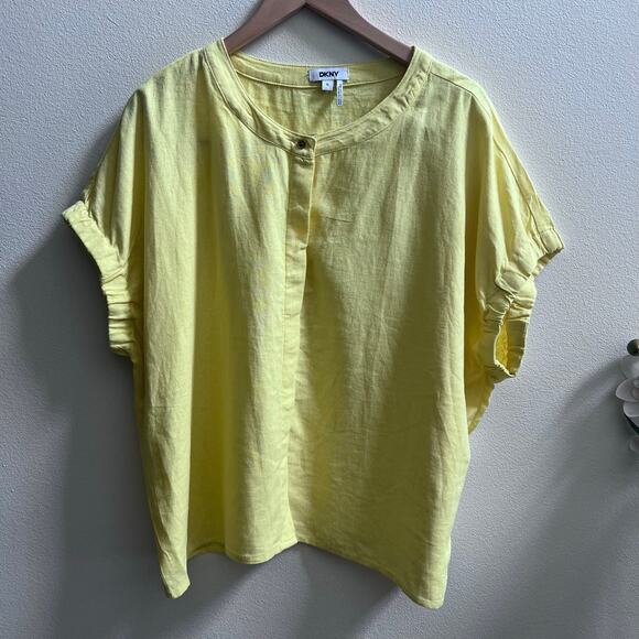 DKNY Round Neck Linen Blend Button Up Top Vacation Women's XL Mom Boxy Yellow - Picture 1 of 5